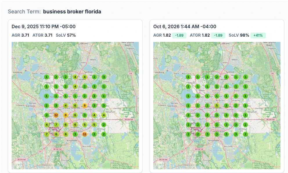 Mapa de posiciones antes y después para la búsqueda "business broker florida" en Orlando, EE. UU.